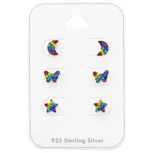 Children's Earrings - Sterling Silver Moon, Butterfly and Star, in Rainbow CZ Gift Pack