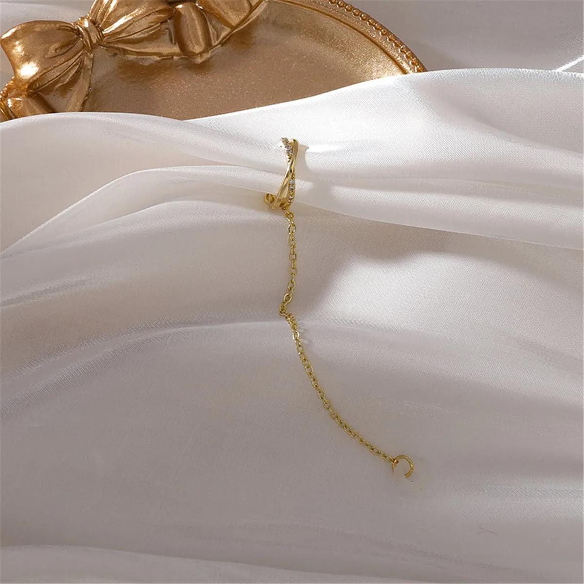 Cubic Zirconia & 18K Gold-Plated Crisscross Earbud Clip-On Earring