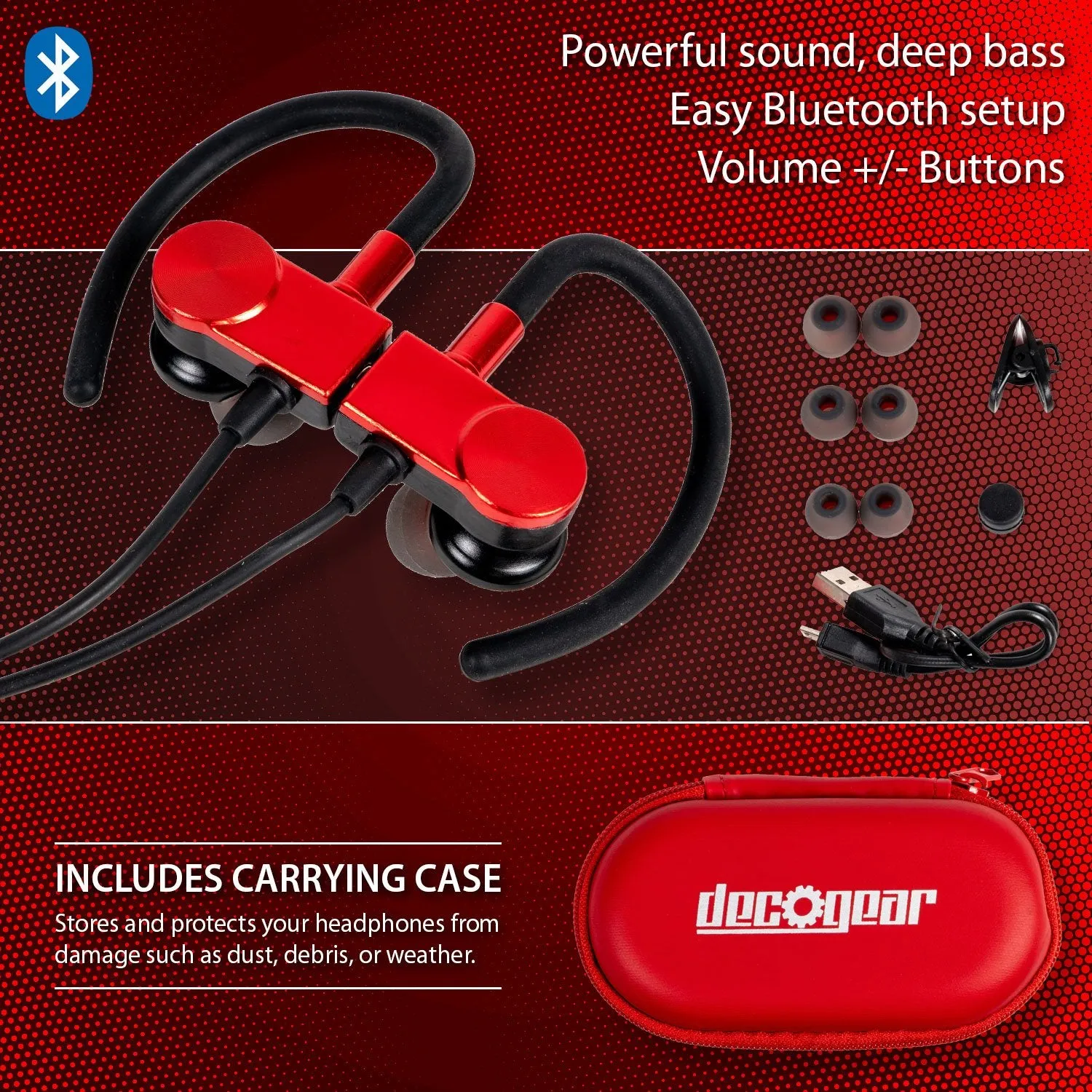 Deco Gear Magnetic Wireless Sport Earbuds - Red - Carrying Case