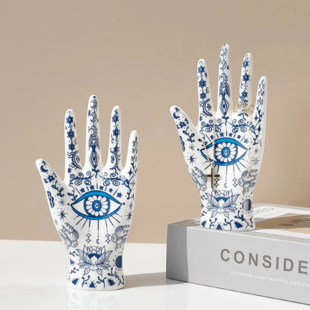 Elegant Ceramic Evil Eye Jewelry Display Hand Stand for Necklaces Bracelets Rings and Home Decor