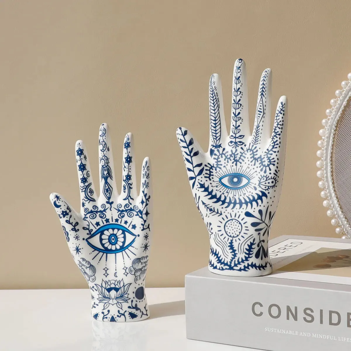 Elegant Ceramic Evil Eye Jewelry Display Hand Stand for Necklaces Bracelets Rings and Home Decor