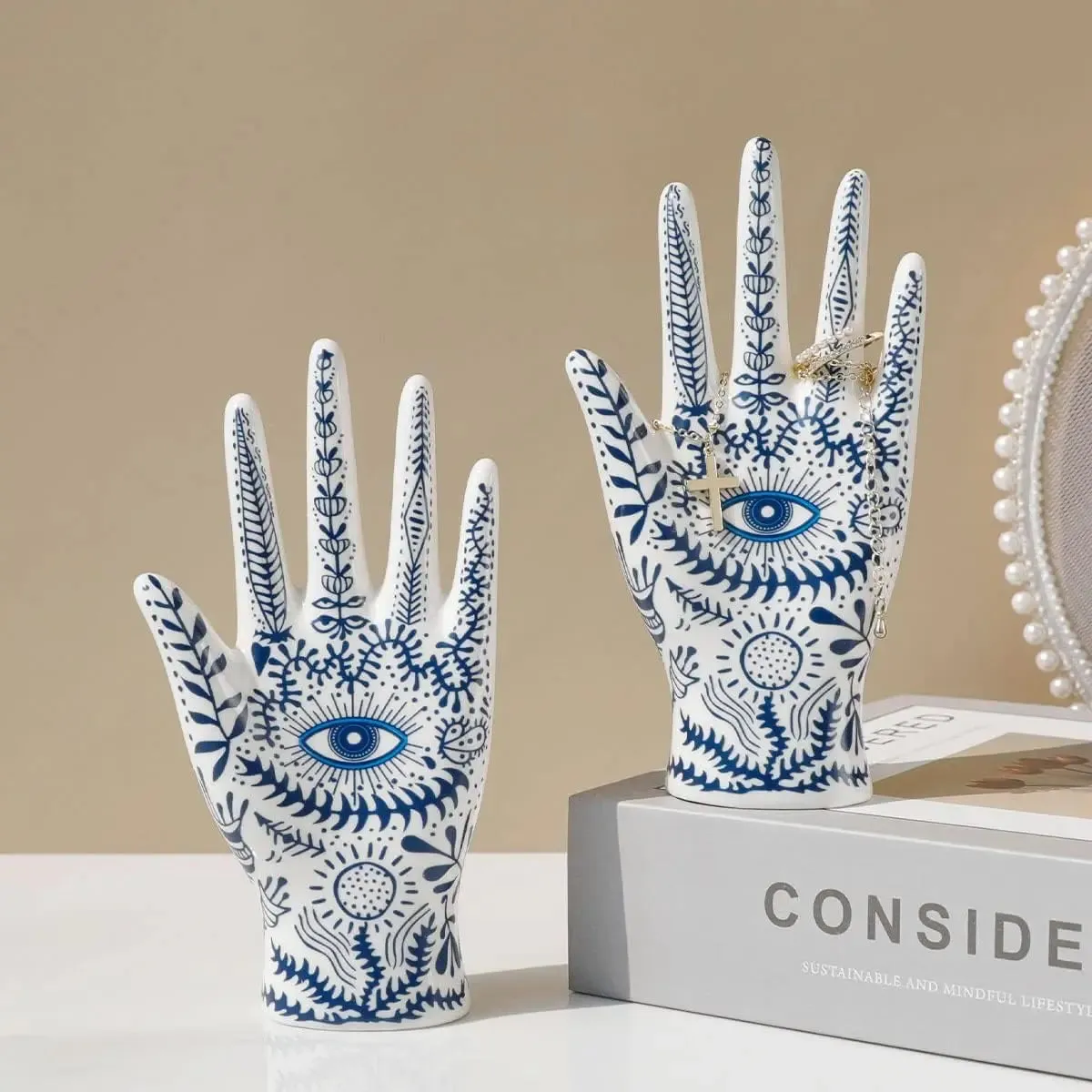 Elegant Ceramic Evil Eye Jewelry Display Hand Stand for Necklaces Bracelets Rings and Home Decor