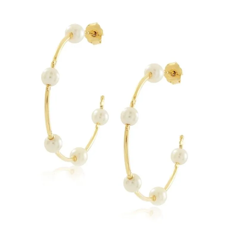 Elegant Pearl Hoop Earrings - Lightweight 1.5" Diameter, 18k Goldfilled, Handmade in Brazil