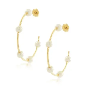 Elegant Pearl Hoop Earrings - Lightweight 1.5" Diameter, 18k Goldfilled, Handmade in Brazil