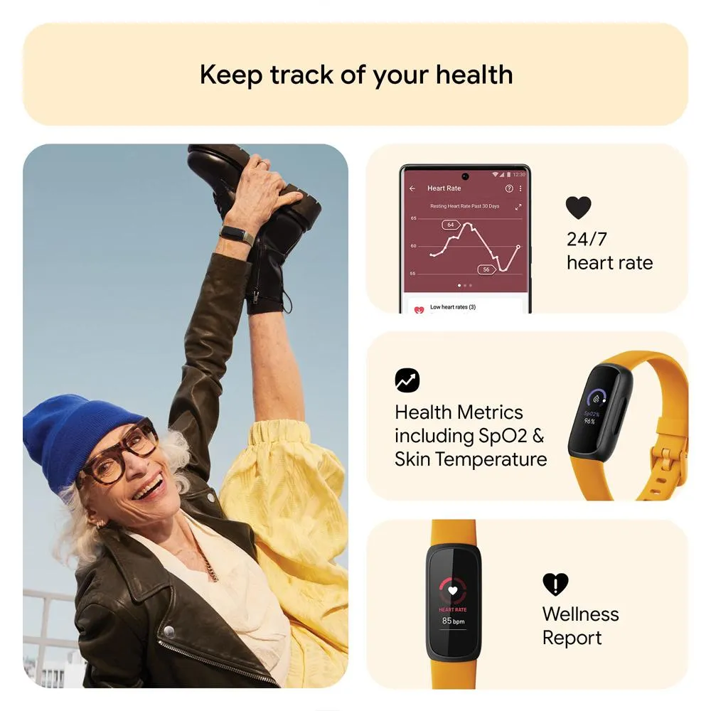Fitbit Inspire 3 Health & Fitness Tracker, Morning Glow/Black w/ 2 YR Warranty Bundle