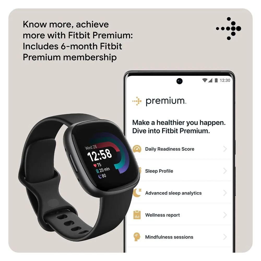 Fitbit Versa 4 Fitness Smartwatch w GPS, Black/Graphite   2 YR Warranty Bundle