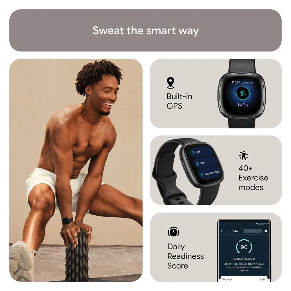 Fitbit Versa 4 Fitness Smartwatch w GPS, Black/Graphite   2 YR Warranty Bundle