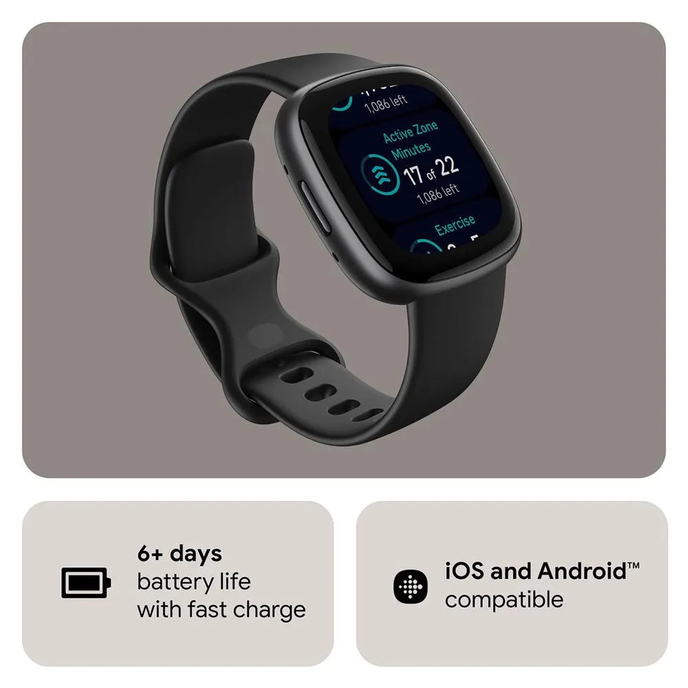 Fitbit Versa 4 Fitness Smartwatch w GPS, Black/Graphite   2 YR Warranty Bundle