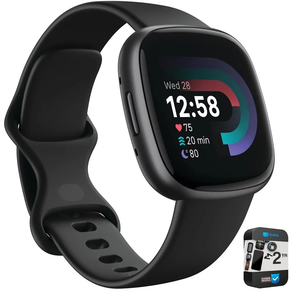 Fitbit Versa 4 Fitness Smartwatch w GPS, Black/Graphite   2 YR Warranty Bundle
