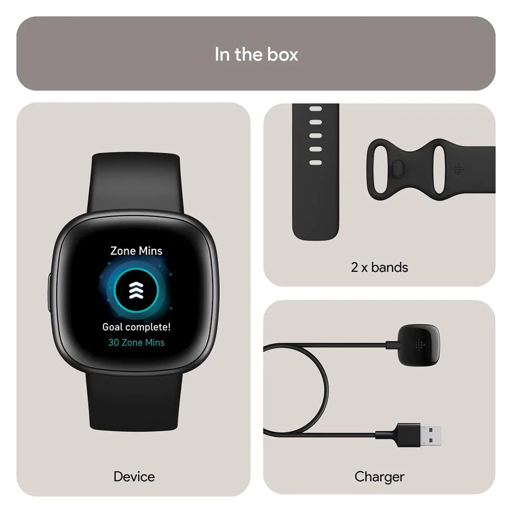 Fitbit Versa 4 Fitness Smartwatch w GPS, Black/Graphite   2 YR Warranty Bundle