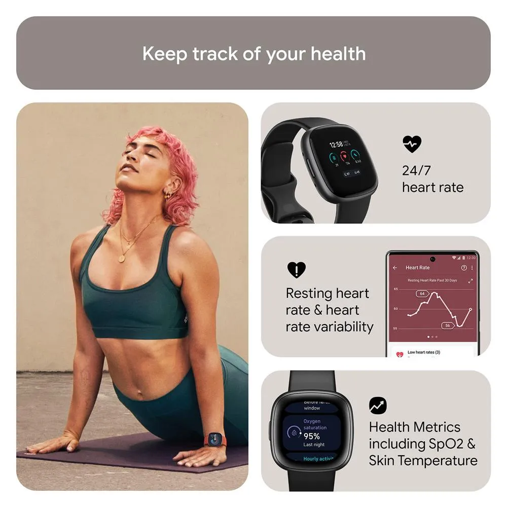 Fitbit Versa 4 Fitness Smartwatch w GPS, Black/Graphite   2 YR Warranty Bundle
