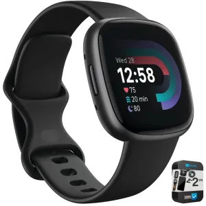 Fitbit Versa 4 Fitness Smartwatch w GPS, Black/Graphite   2 YR Warranty Bundle