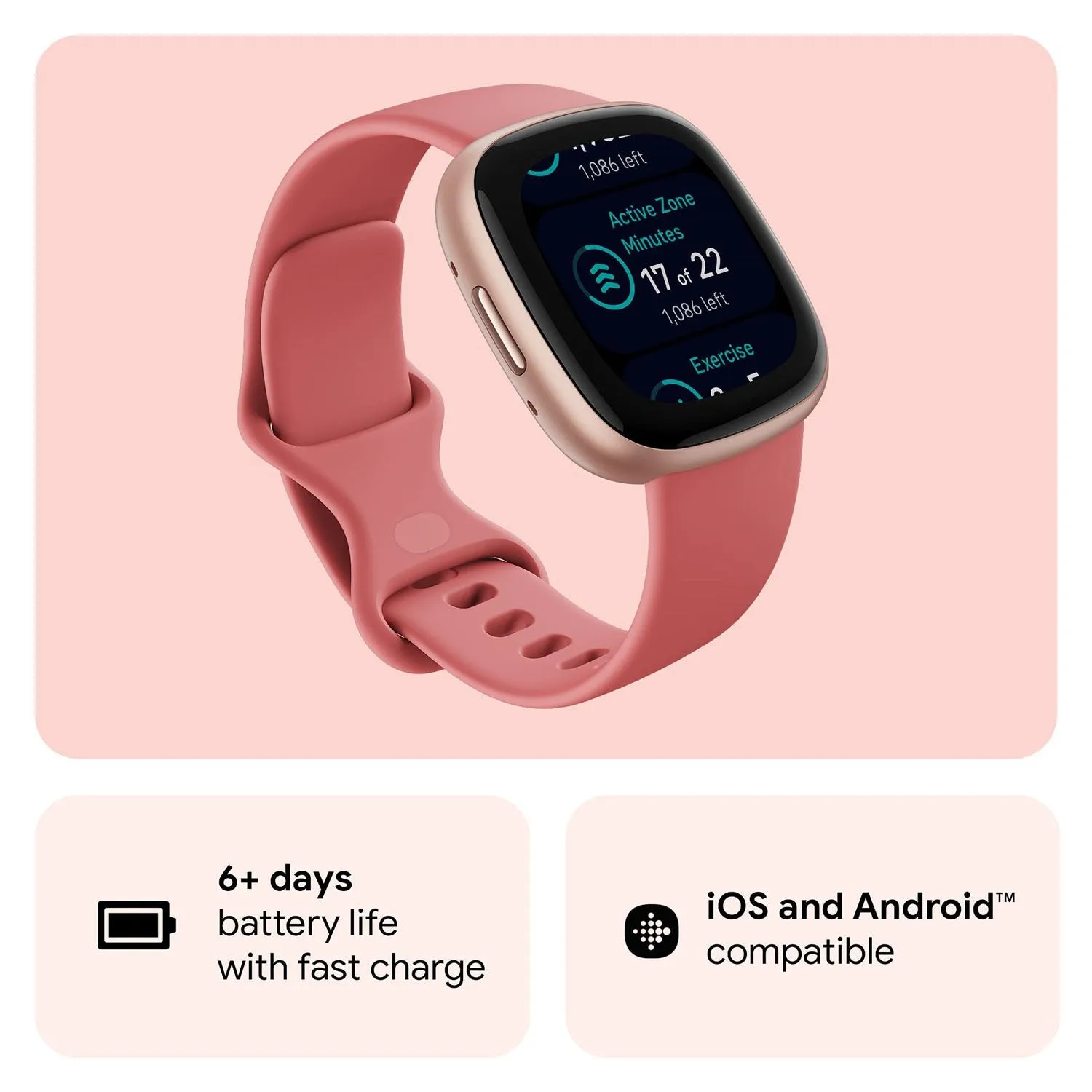 Fitbit Versa 4 Fitness Smartwatch with GPS, 24/7 Heart Rate - Pink Sand/Copper Rose