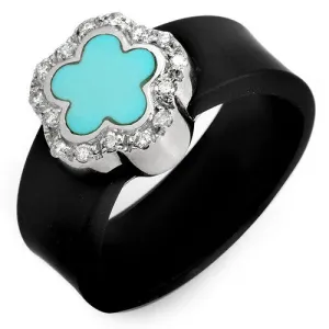 Flower shaped Turquoise with Round Diamond set in 18k White Gold on a Black Rubber Ring
