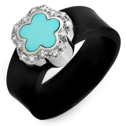 Flower shaped Turquoise with Round Diamond set in 18k White Gold on a Black Rubber Ring