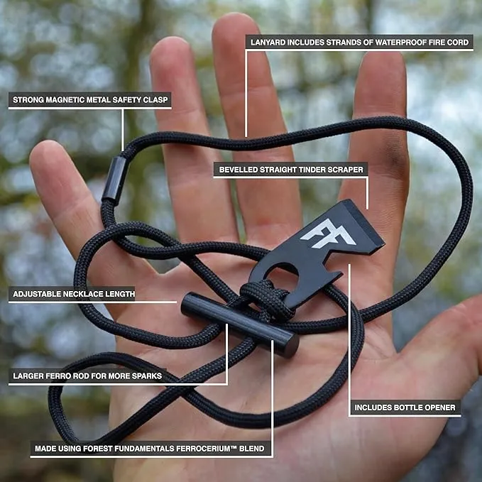 Forest Fundamentals™ Sidekick Fire Starter™ | Ferro Rod Fire Steel & Striker Necklace | All-Weather, EDC, Bushcraft, Camping | Bottle Opener & Tinder Scraper | 5,500º F Molten Sparks