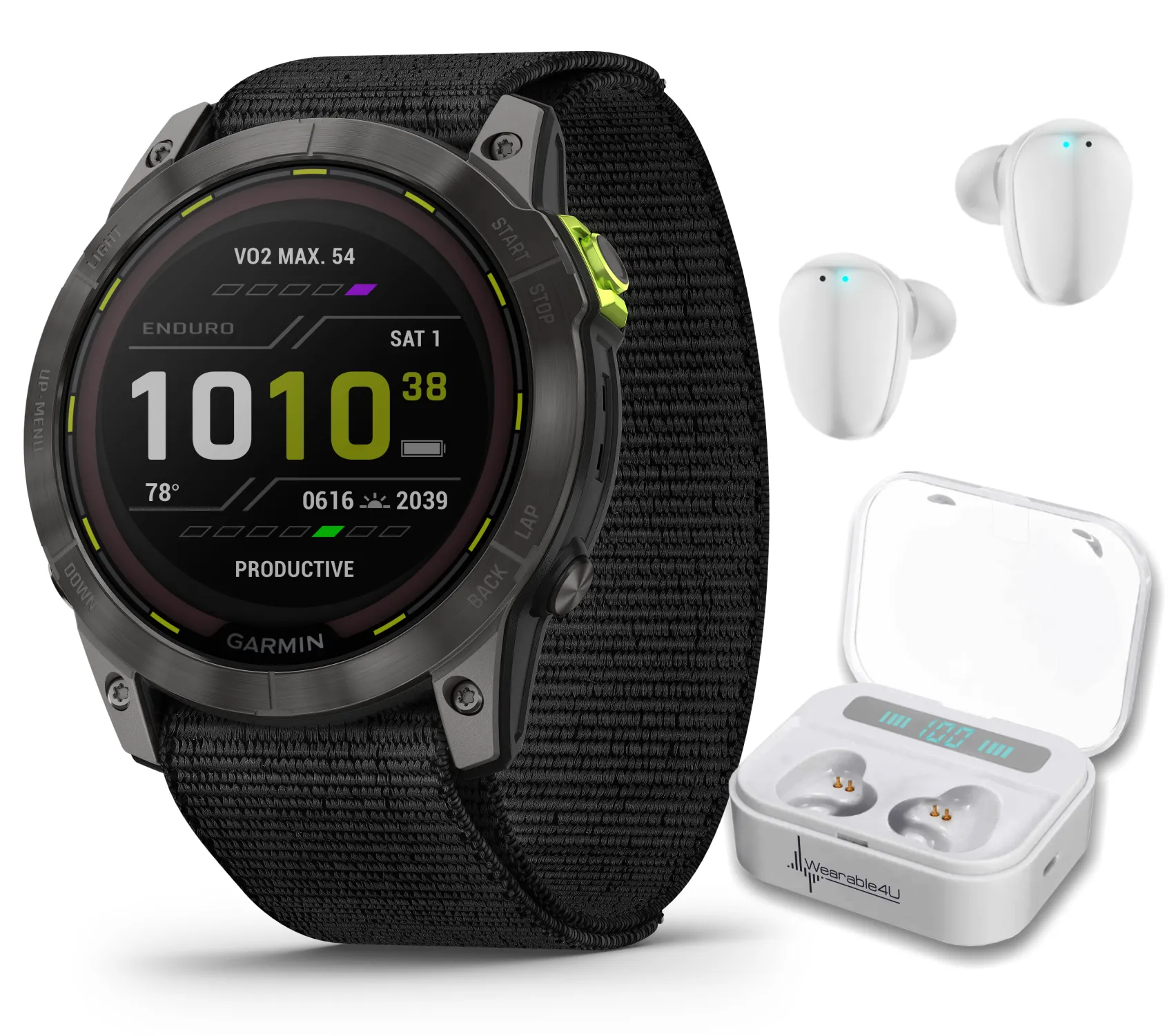 Garmin Enduro 2, Carbon Gray DLC Titanium with Black Nylon Band, Solar Charging, with Wearable4U EarBuds Bundle (Bundle Options Available)