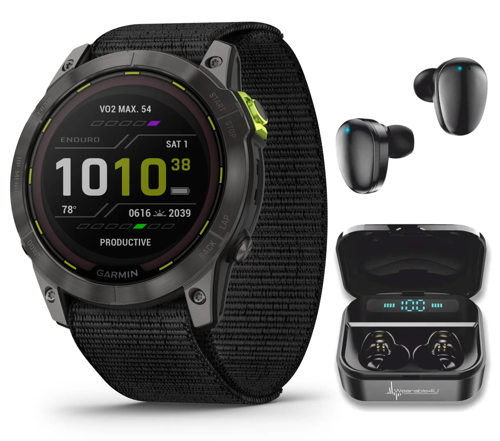 Garmin Enduro 2, Carbon Gray DLC Titanium with Black Nylon Band, Solar Charging, with Wearable4U EarBuds Bundle (Bundle Options Available)