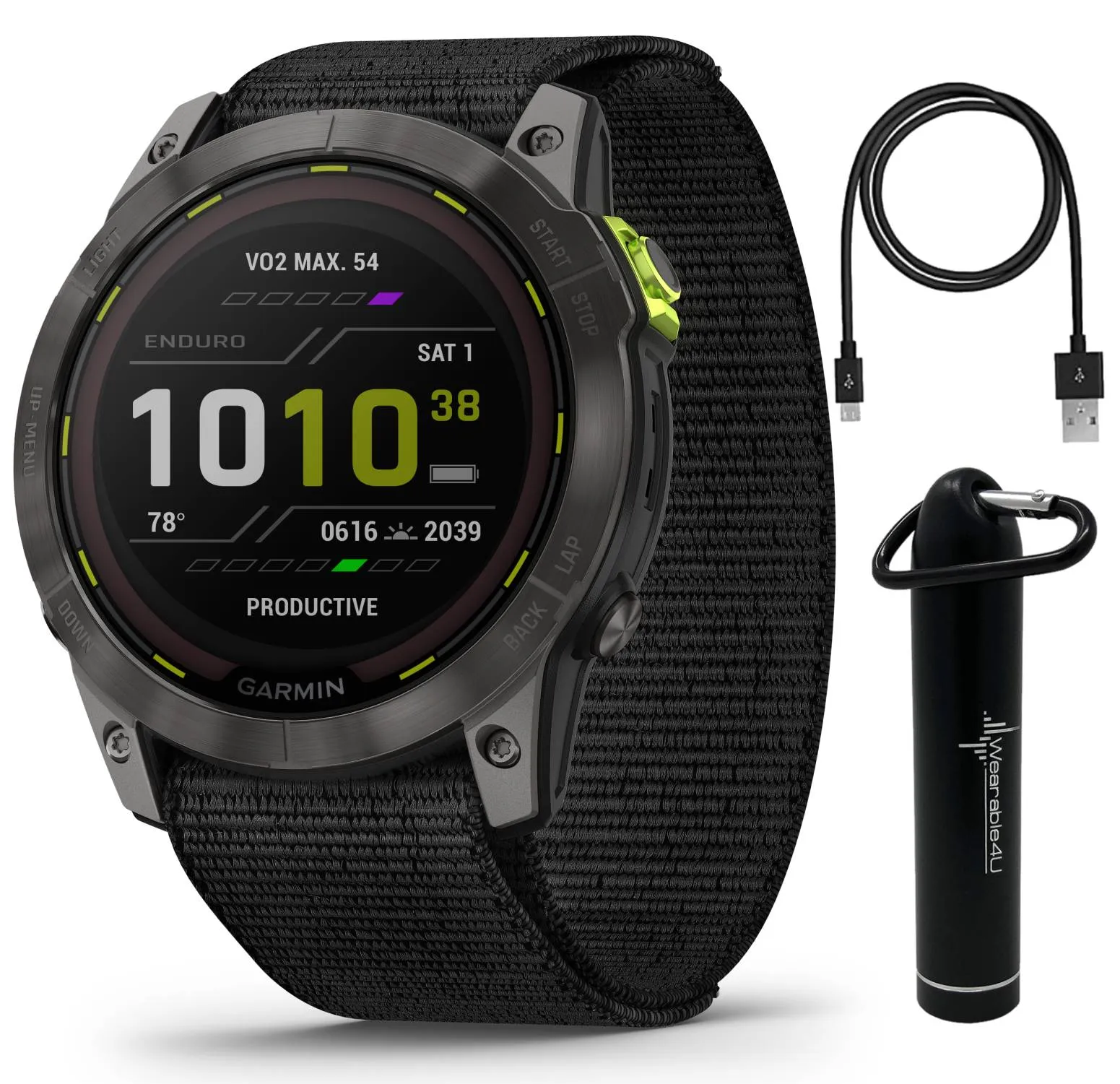 Garmin Enduro 2, Carbon Gray DLC Titanium with Black Nylon Band, Solar Charging, with Wearable4U EarBuds Bundle (Bundle Options Available)