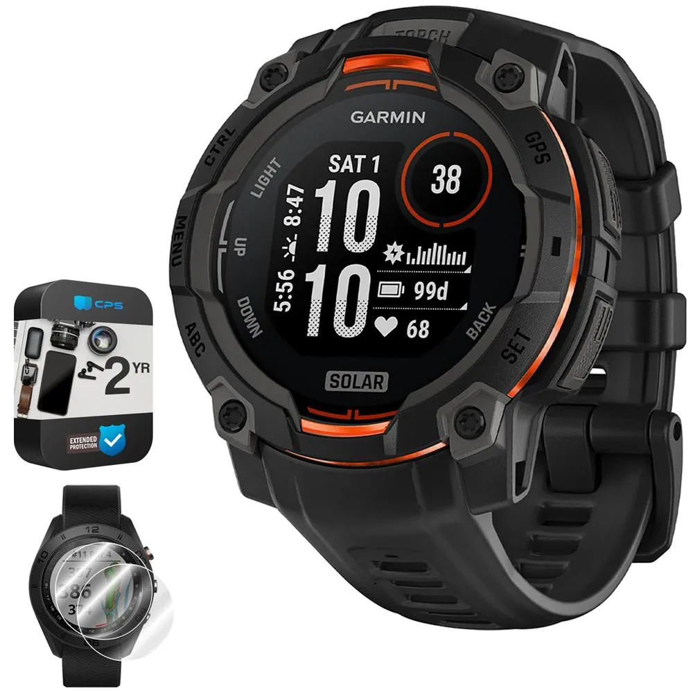 Garmin Instinct 3 45mm GPS Smartwatch, SOLAR   2x Protector   2 Yr Warranty Bundle