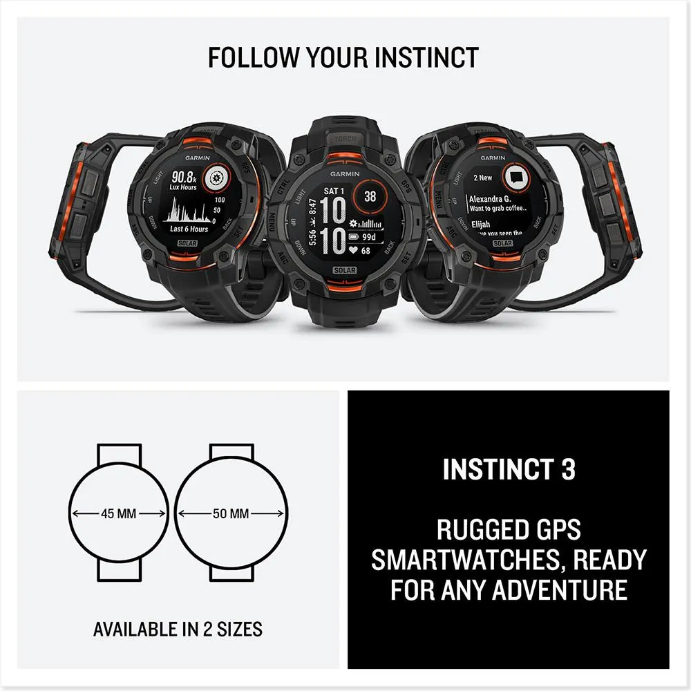 Garmin Instinct 3 45mm GPS Smartwatch, SOLAR   2x Protector   2 Yr Warranty Bundle