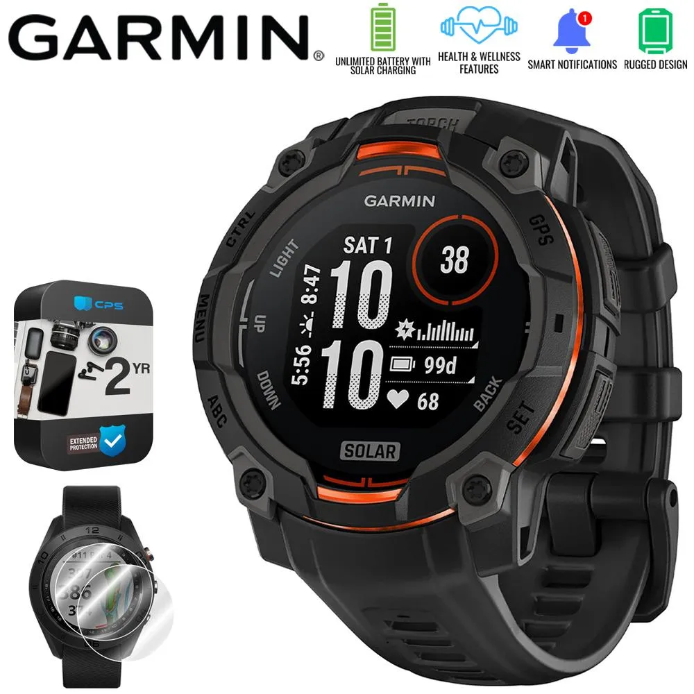 Garmin Instinct 3 45mm GPS Smartwatch, SOLAR   2x Protector   2 Yr Warranty Bundle