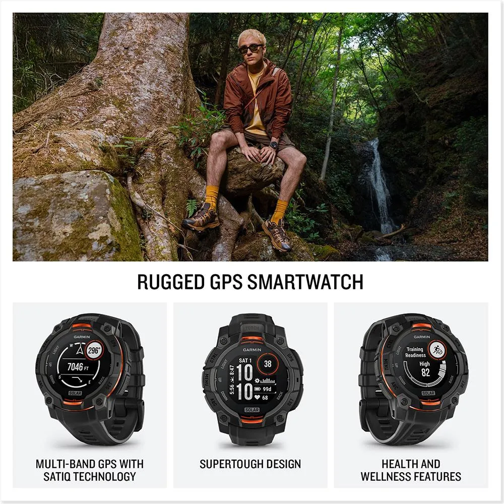 Garmin Instinct 3 45mm GPS Smartwatch, SOLAR   2x Protector   2 Yr Warranty Bundle