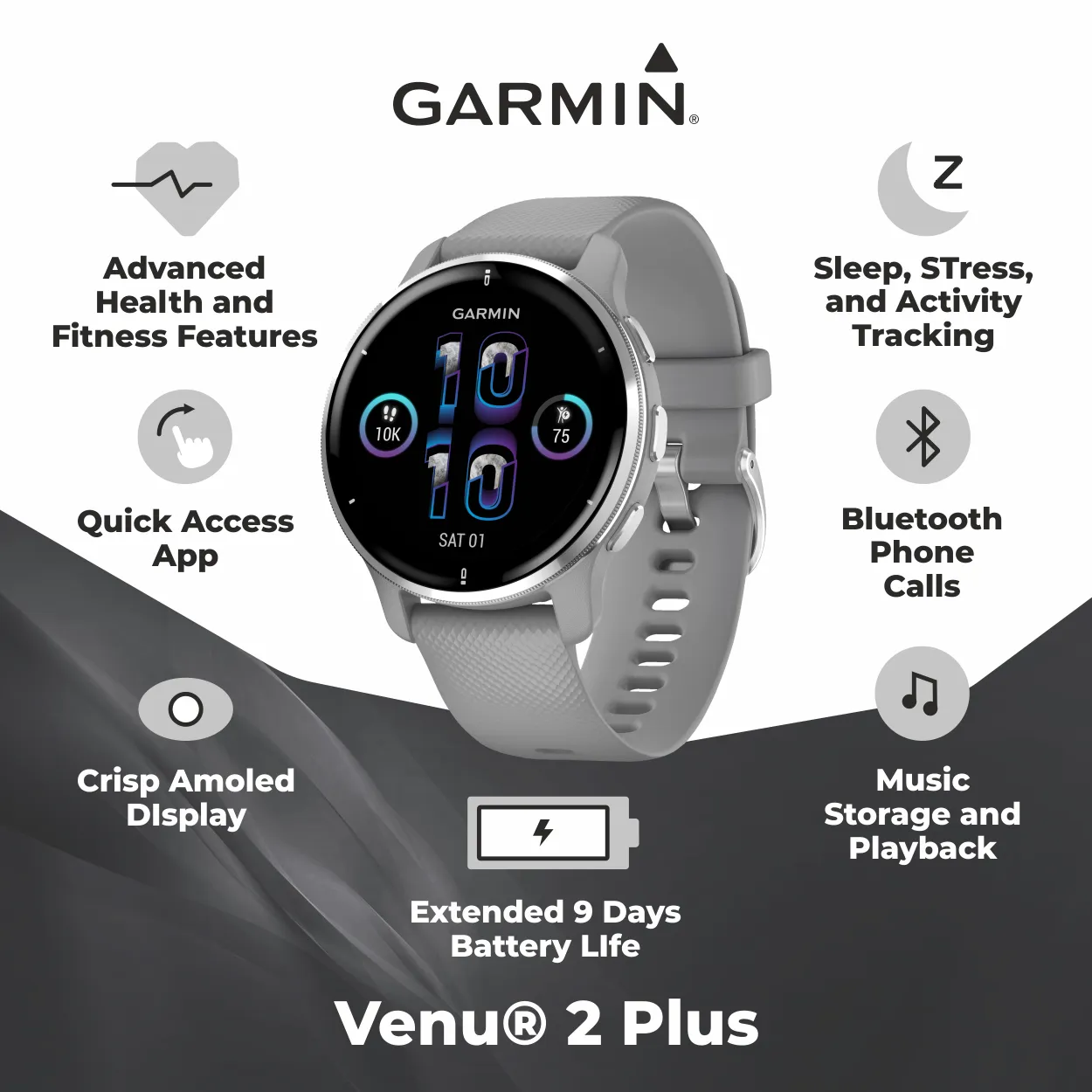 Garmin Venu 2 Plus GPS Multisport Smartwatch with Call and Text, Music with Wearable4U 3 Straps Bundle