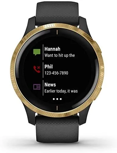 Garmin Venu GPS Smartwatch with AMOLED Display and Wearable4U Ultimate Black EarBuds with Charging Power Bank Case Bundle (Black/Gold)