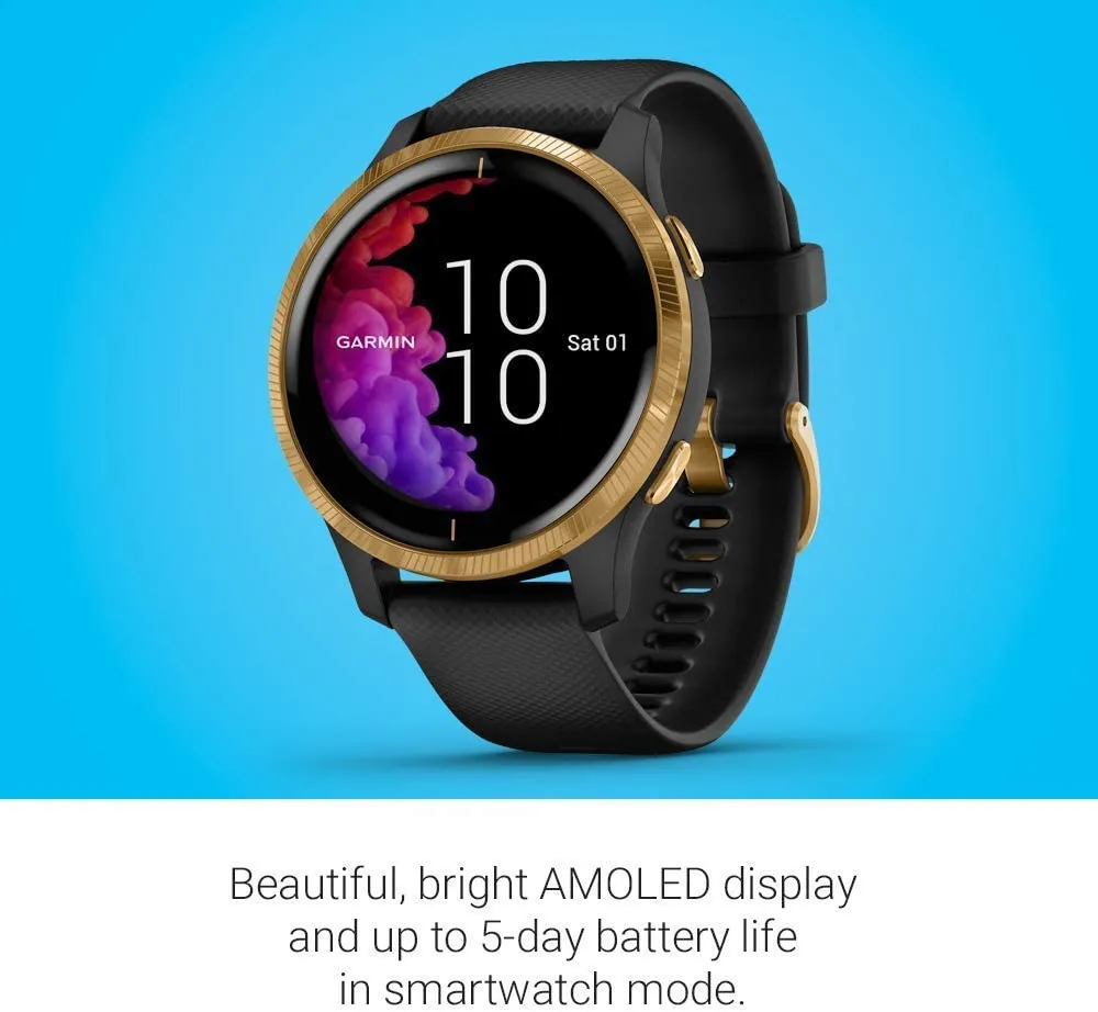 Garmin Venu GPS Smartwatch with AMOLED Display and Wearable4U Ultimate Black EarBuds with Charging Power Bank Case Bundle (Black/Gold)