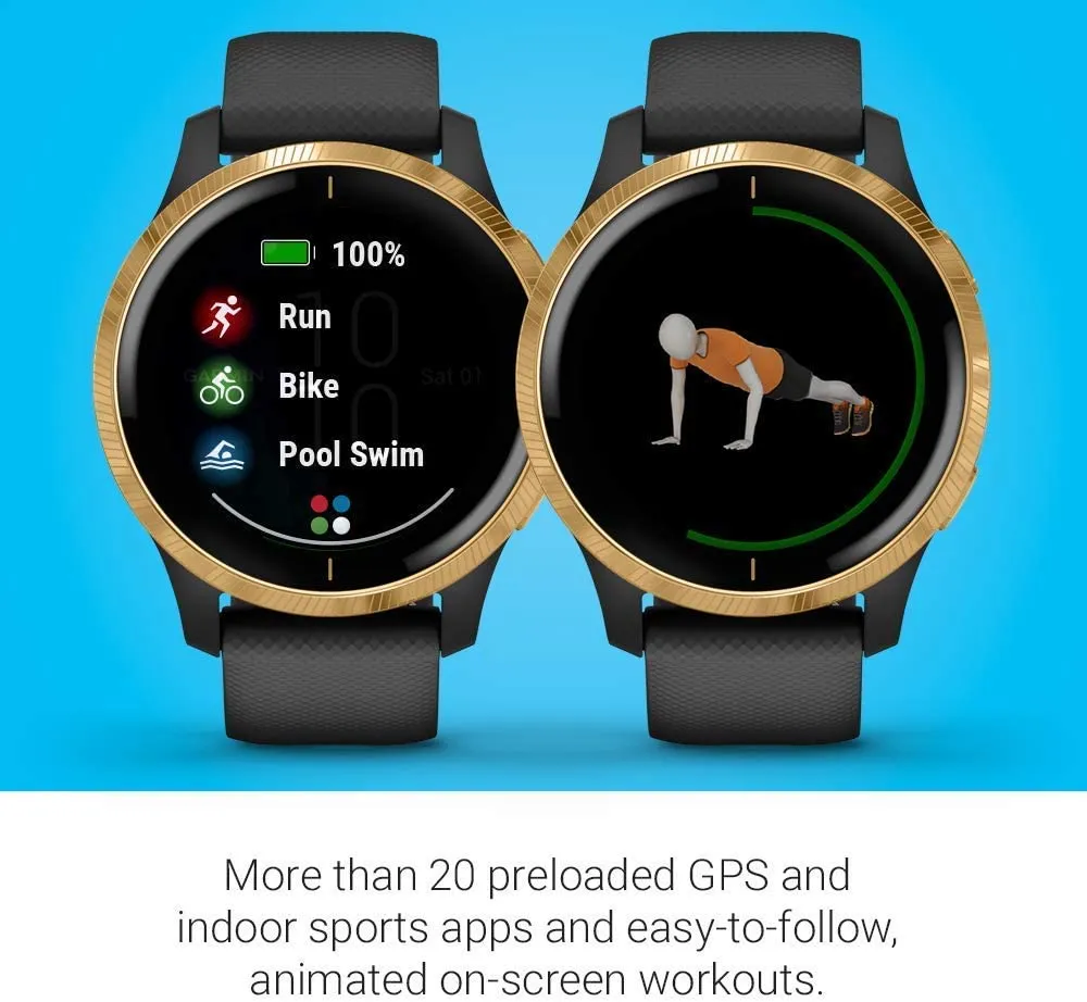 Garmin Venu GPS Smartwatch with AMOLED Display and Wearable4U Ultimate Black EarBuds with Charging Power Bank Case Bundle (Black/Gold)
