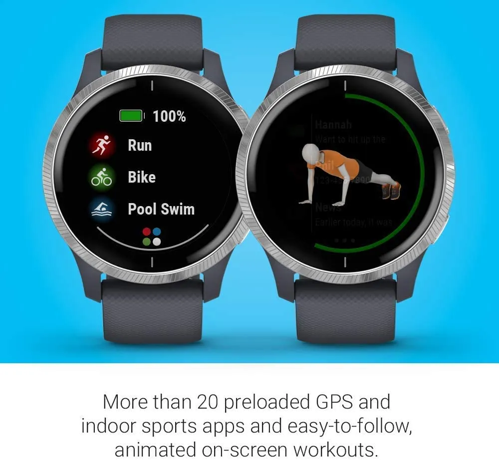 Garmin Venu GPS Smartwatch with AMOLED Display and Wearable4U Ultimate White EarBuds with Charging Power Bank Case Bundle (Granite Blue/Silver)