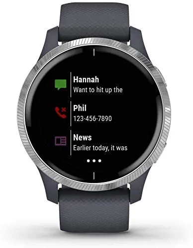 Garmin Venu GPS Smartwatch with AMOLED Display and Wearable4U Ultimate White EarBuds with Charging Power Bank Case Bundle (Granite Blue/Silver)