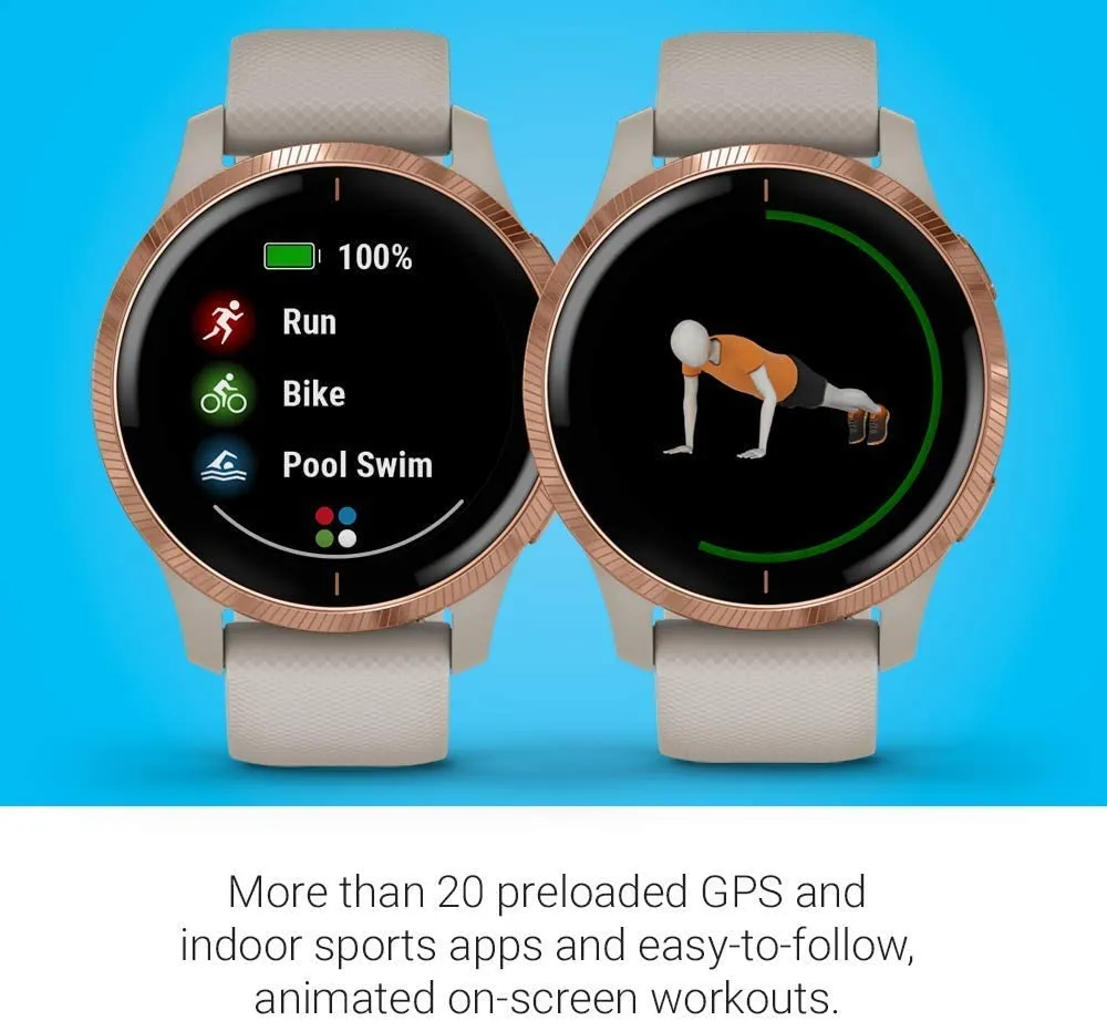 Garmin Venu GPS Smartwatch with AMOLED Display and Wearable4U Ultimate White EarBuds with Charging Power Bank Case Bundle (Light Sand/Rose Gold)