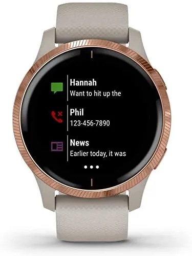 Garmin Venu GPS Smartwatch with AMOLED Display and Wearable4U Ultimate White EarBuds with Charging Power Bank Case Bundle (Light Sand/Rose Gold)