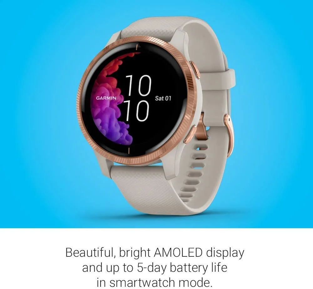 Garmin Venu GPS Smartwatch with AMOLED Display and Wearable4U Ultimate White EarBuds with Charging Power Bank Case Bundle (Light Sand/Rose Gold)