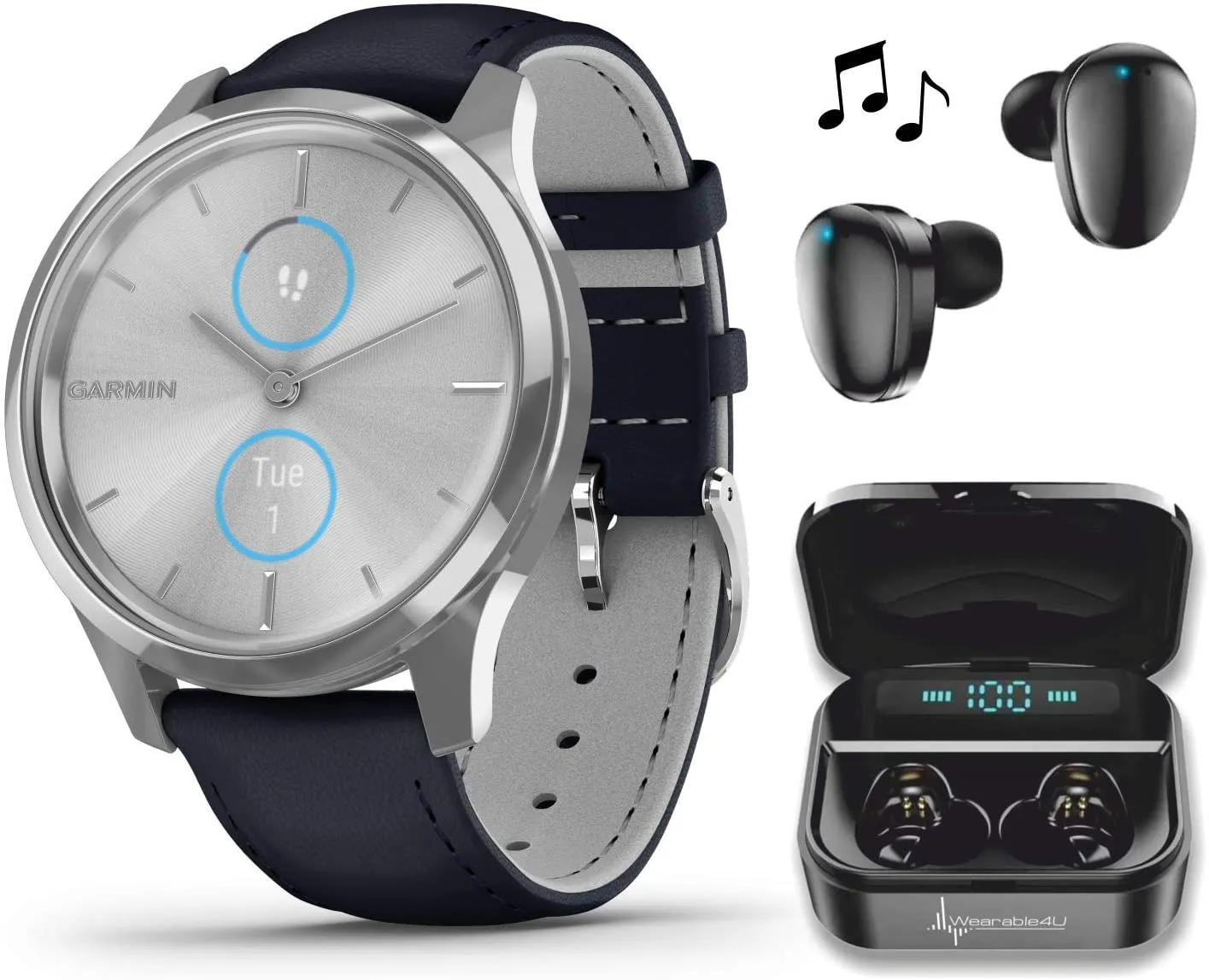 Garmin Vivomove 3 Luxe, Hybrid Smartwatch with Included Wearable4U Ultimate Black Earbuds with Charging PowerBank Case Bundle (Navy/Silver, Leather)