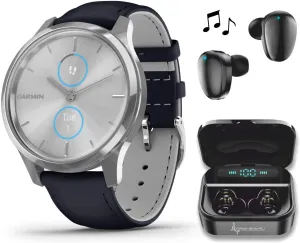 Garmin Vivomove 3 Luxe, Hybrid Smartwatch with Included Wearable4U Ultimate Black Earbuds with Charging PowerBank Case Bundle (Navy/Silver, Leather)