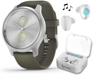 Garmin Vivomove 3 Style, Hybrid Smartwatch with Included Wearable4U Ultimate White Earbuds with Charging PowerBank Case Bundle (Moss Green/Silver)