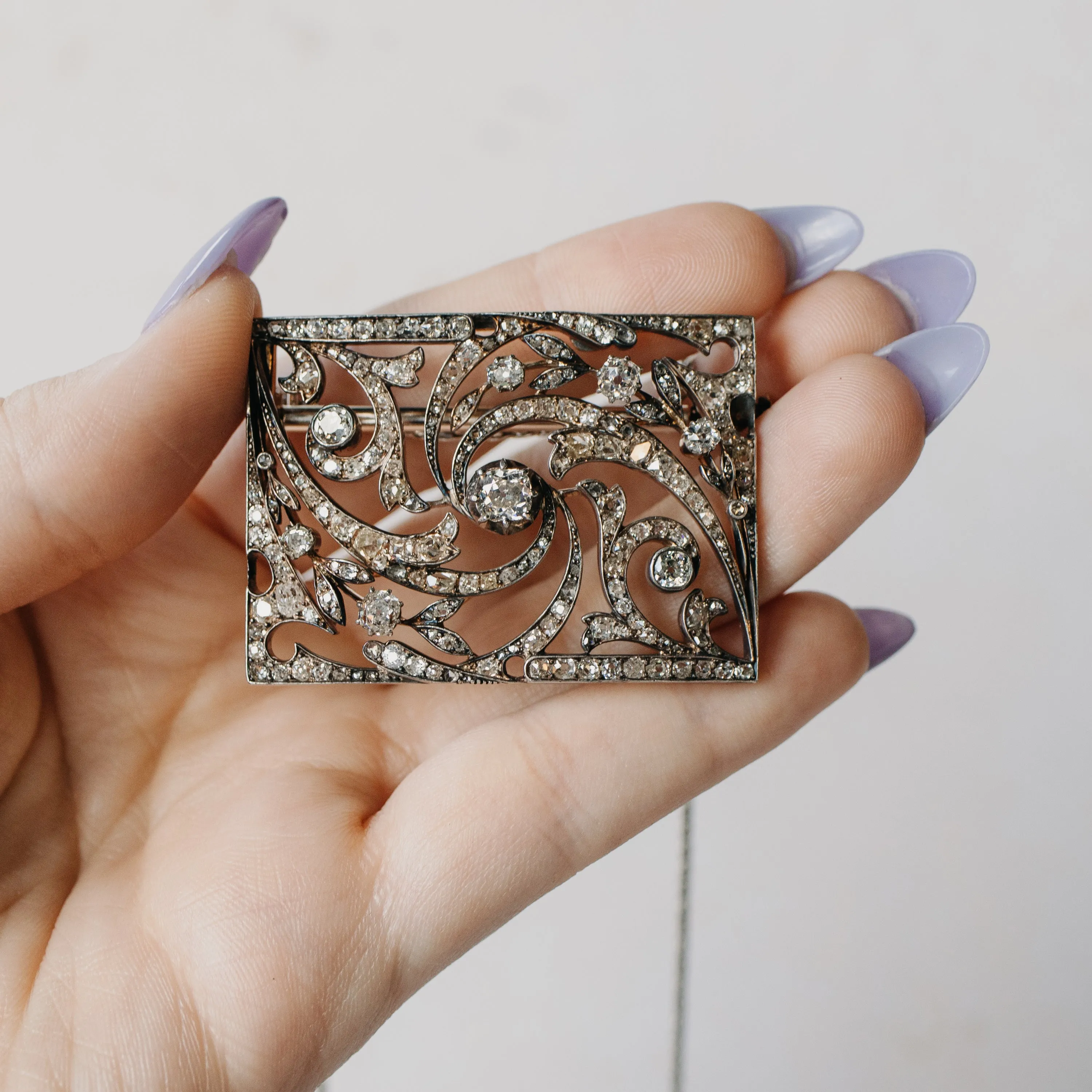 Georgian Silver & 14K Yellow Gold Diamond Brooch Necklace
