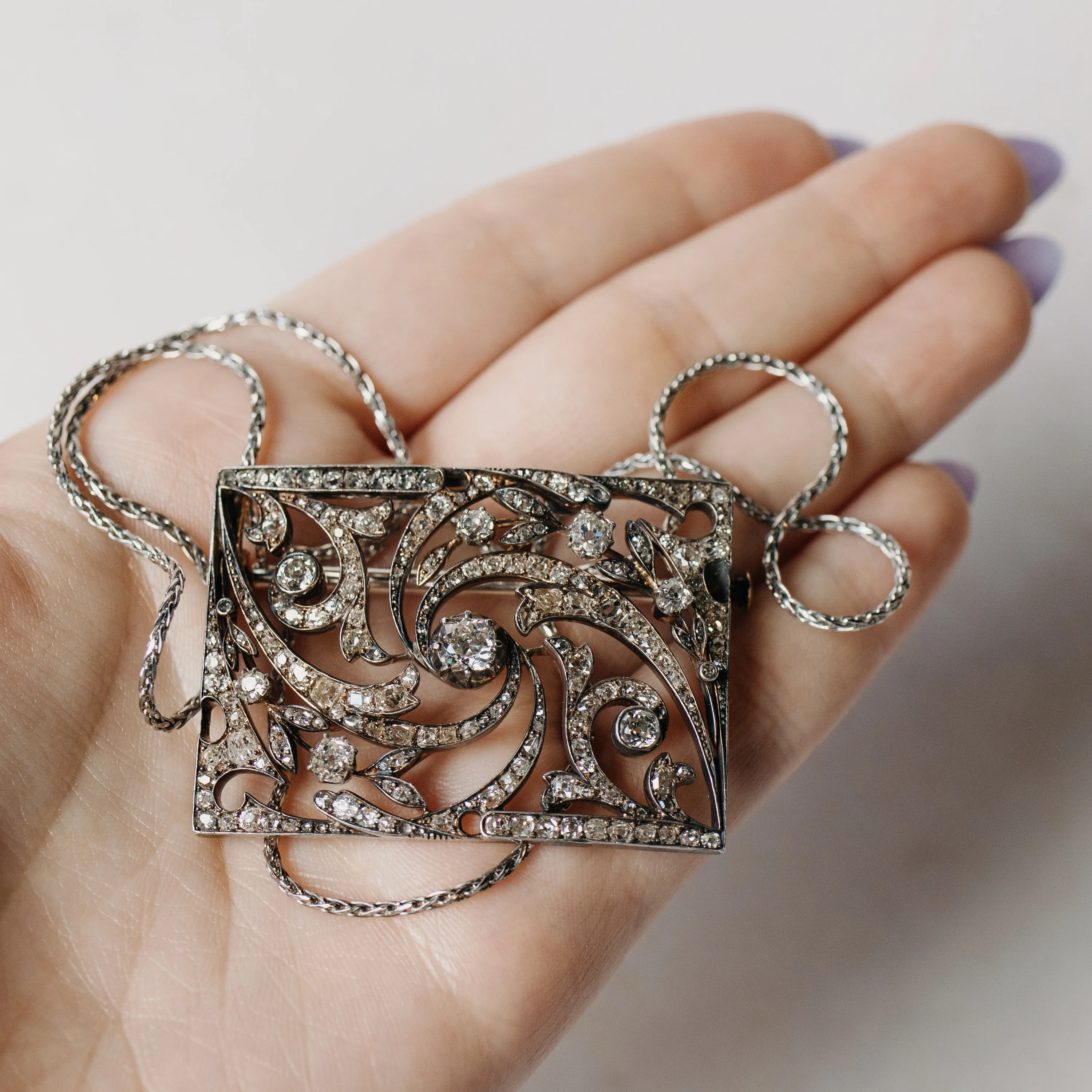 Georgian Silver & 14K Yellow Gold Diamond Brooch Necklace