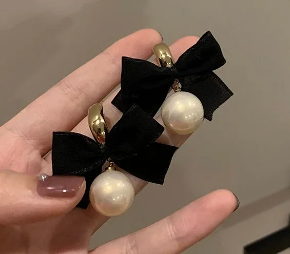 Handmade Black Silk Ribbon Bow Earrings