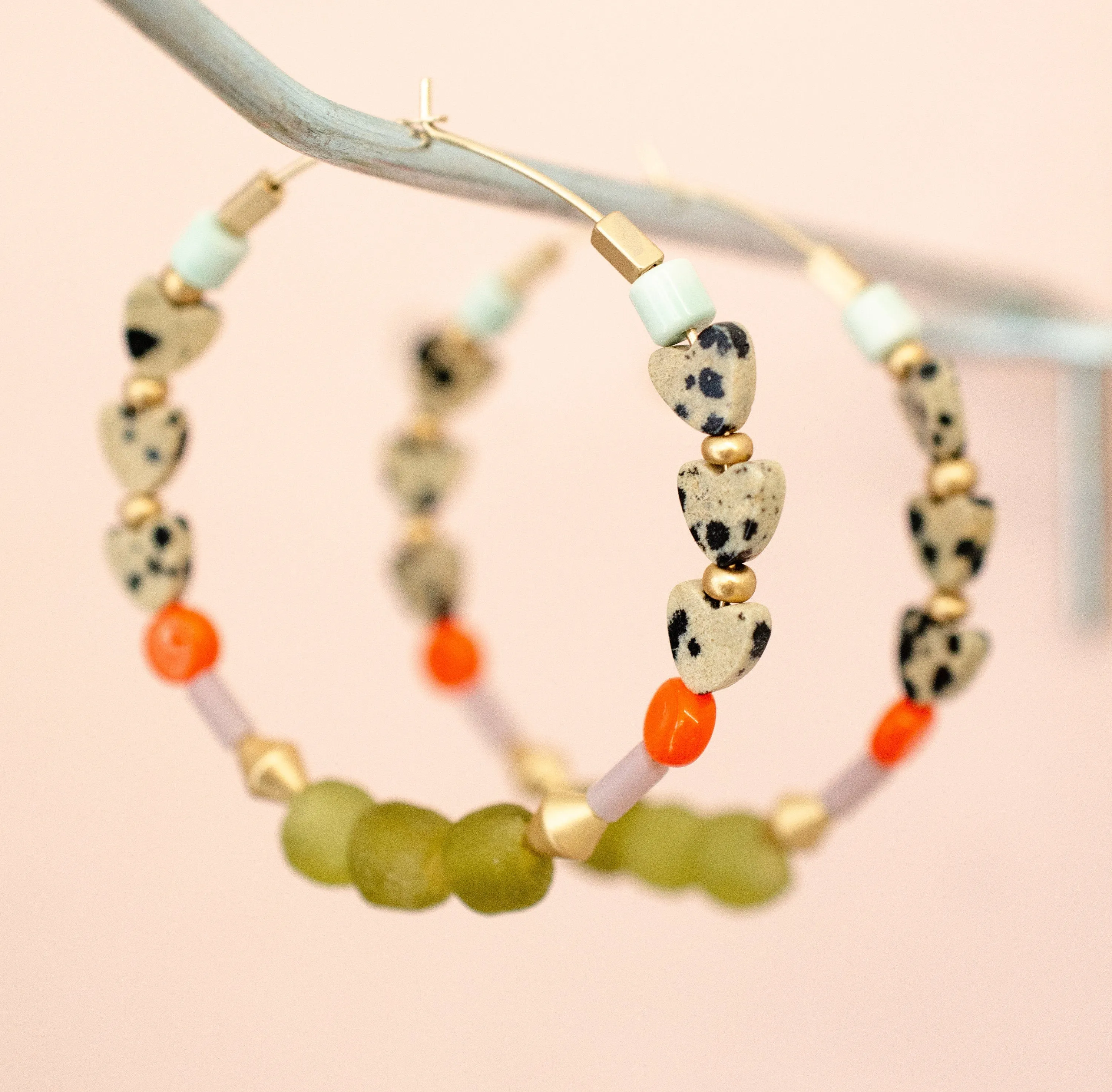 Heart Beaded Hoops, Colorful earrings, gold hoops, statement earring, bridesmaids gifts,jewelry gift, Anniversary gift