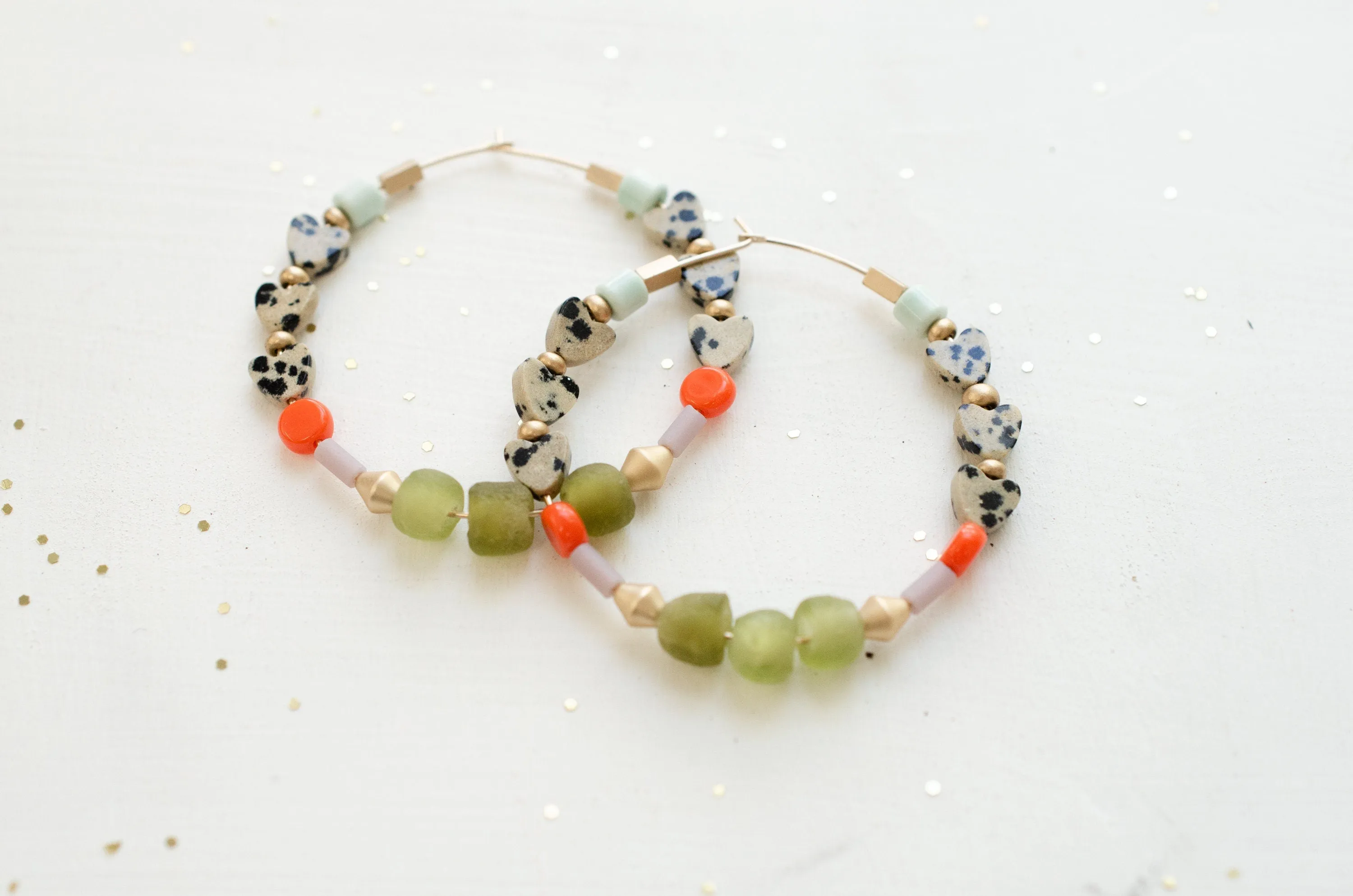 Heart Beaded Hoops, Colorful earrings, gold hoops, statement earring, bridesmaids gifts,jewelry gift, Anniversary gift