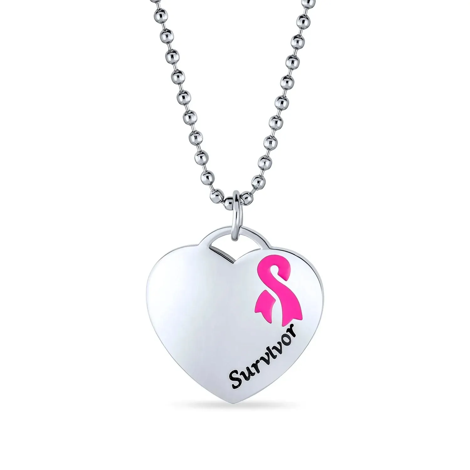 Heart Pink Ribbon Breast Cancer Survivor Pendant Necklace Silver Stainless Steel
