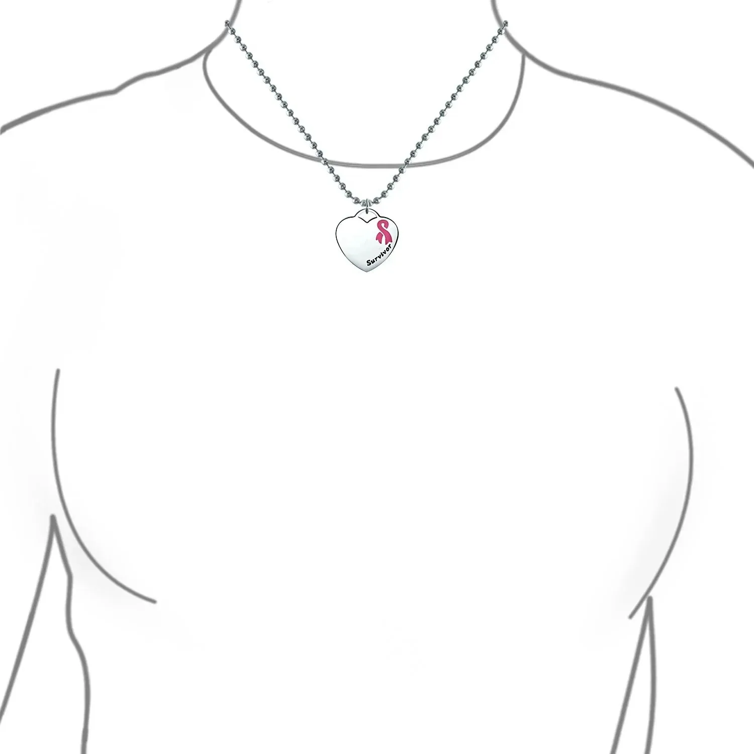 Heart Pink Ribbon Breast Cancer Survivor Pendant Necklace Silver Stainless Steel