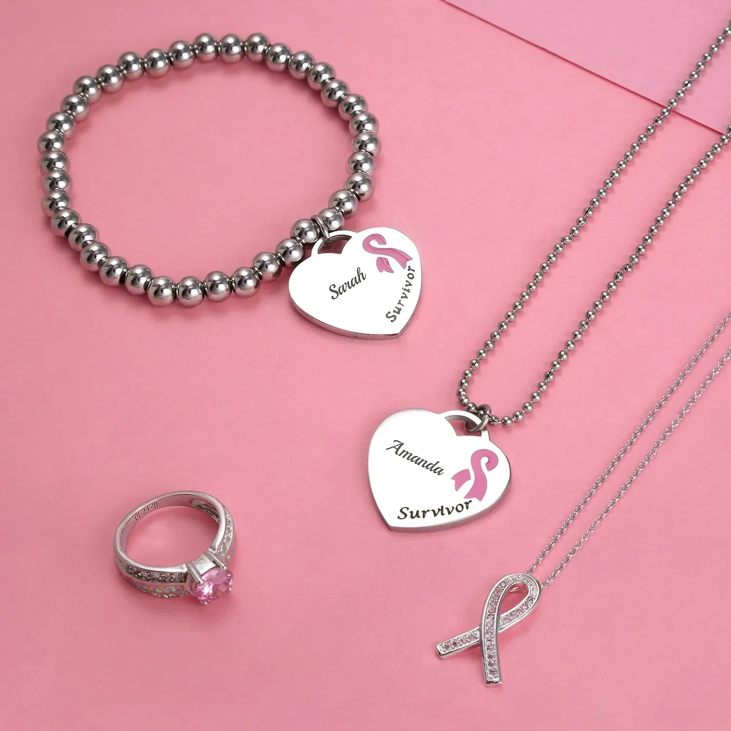Heart Pink Ribbon Breast Cancer Survivor Pendant Necklace Silver Stainless Steel