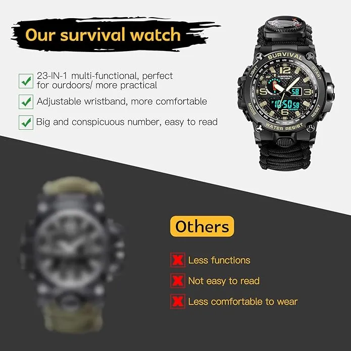 Kavie 23-in-1 Military Tactical Watch for Men, Multifunctional Outdoors Waterproof Survival Watches with Compass Whistle Fire Starter and Thermometer, Paracord Watch Bracelets with Outdoor Army Gear