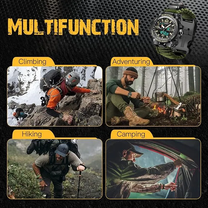 Kavie 23-in-1 Military Tactical Watch for Men, Multifunctional Outdoors Waterproof Survival Watches with Compass Whistle Fire Starter and Thermometer, Paracord Watch Bracelets with Outdoor Army Gear