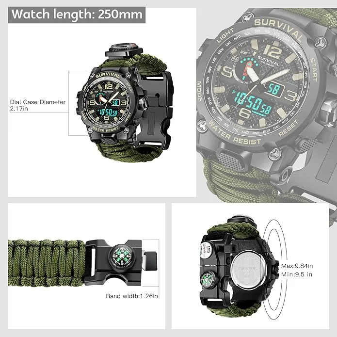 Kavie 23-in-1 Military Tactical Watch for Men, Multifunctional Outdoors Waterproof Survival Watches with Compass Whistle Fire Starter and Thermometer, Paracord Watch Bracelets with Outdoor Army Gear